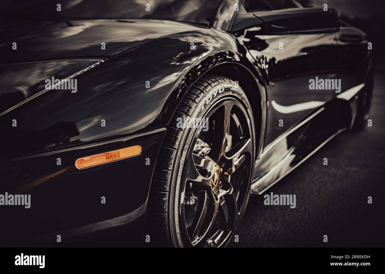 Close up black sport car Lamborghini on the street. View of Lamborghini supercar. Black Lamborghini parked on a street in Vancouver Canada-September 7 Stock Photo