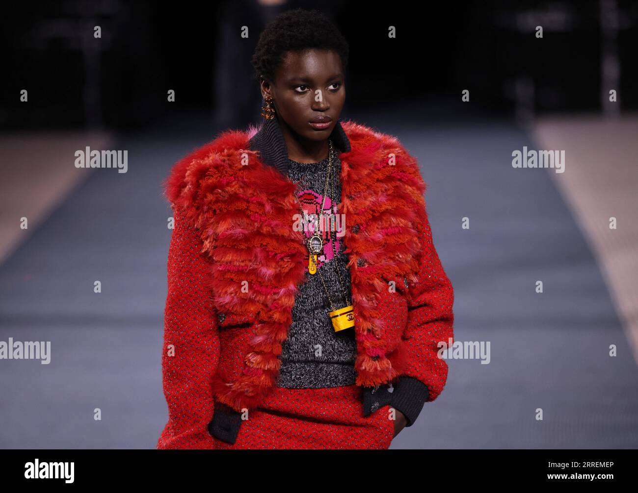 220308 -- PARIS, March 8, 2022 -- A model presents a creation of French  fashion house Chanel s Fall/Winter 2022 ready-to-wear collections during  Paris Fashion Week in Paris, France, on March 8