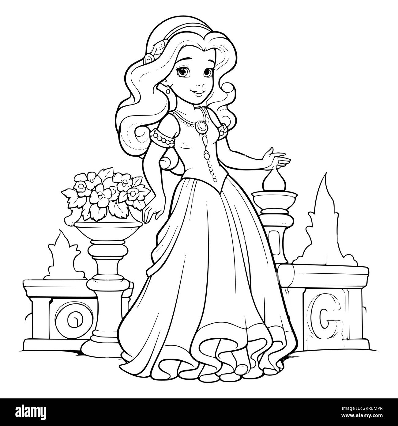 Beautiful Princess In Garden Coloring Pages Drawing For Kids Stock Vector