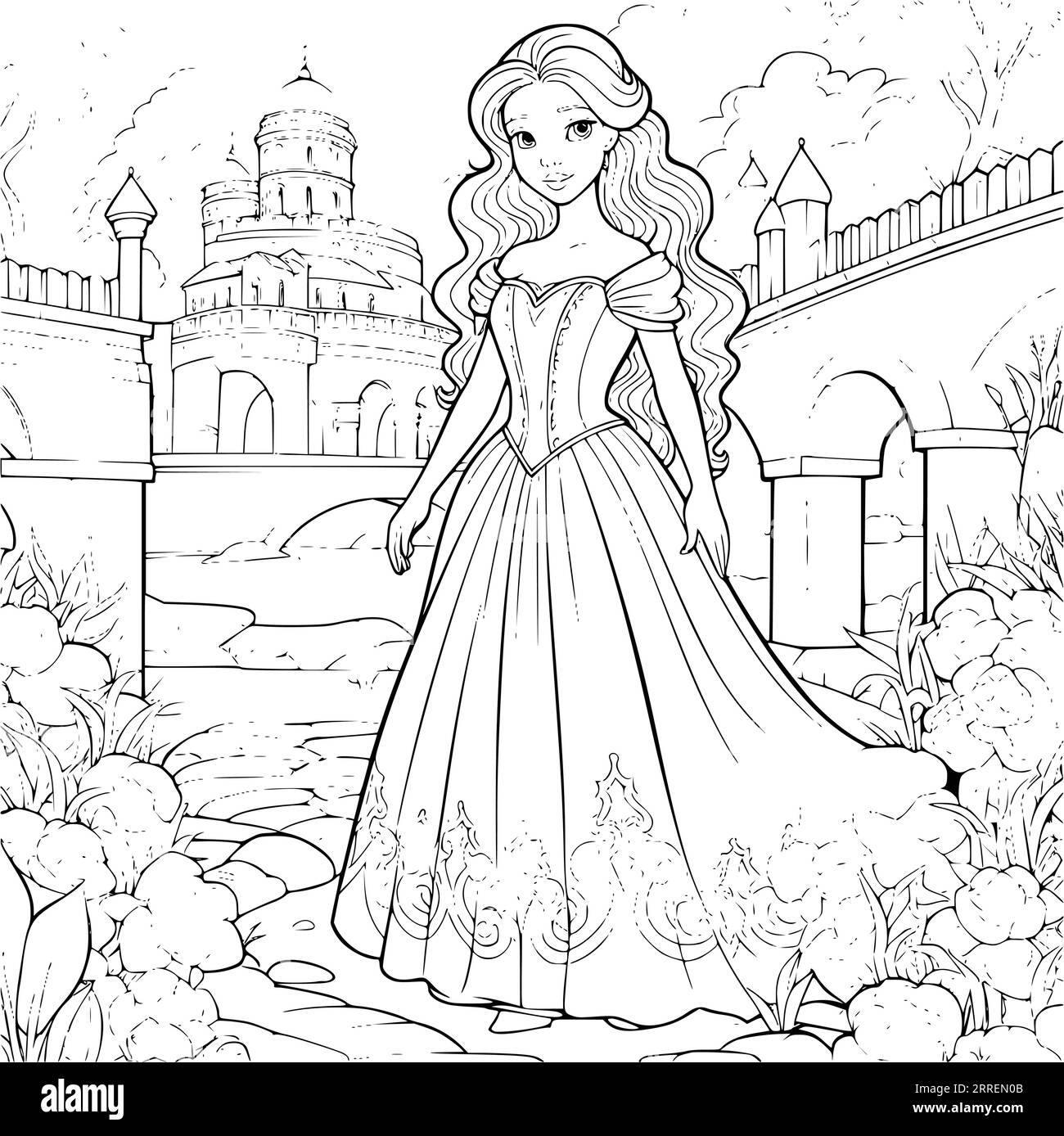 Beautiful Princess In Garden Coloring Pages Drawing For Kids Stock Vector