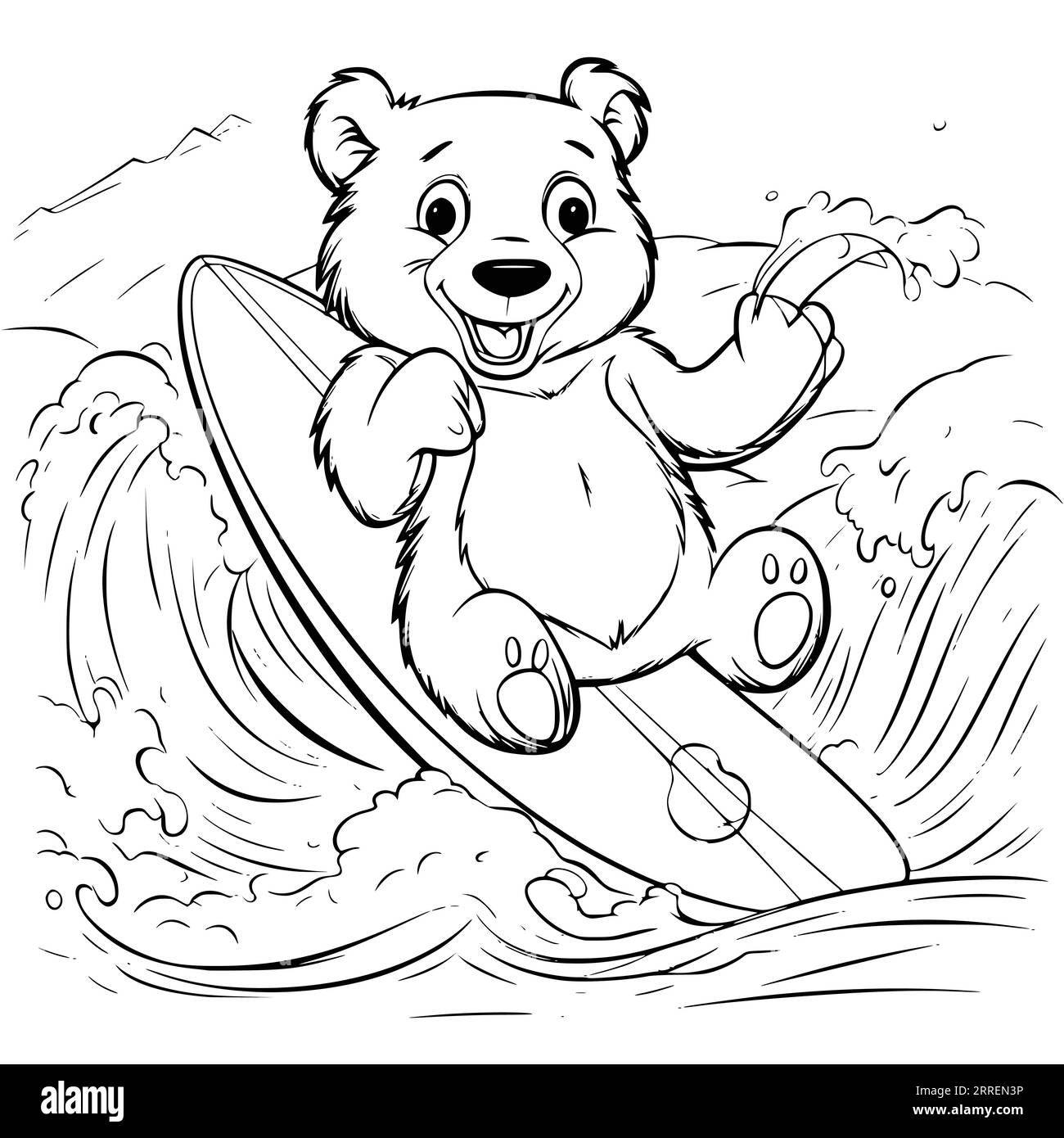 Bear Surfing Coloring Page Drawing For Kids Stock Vector
