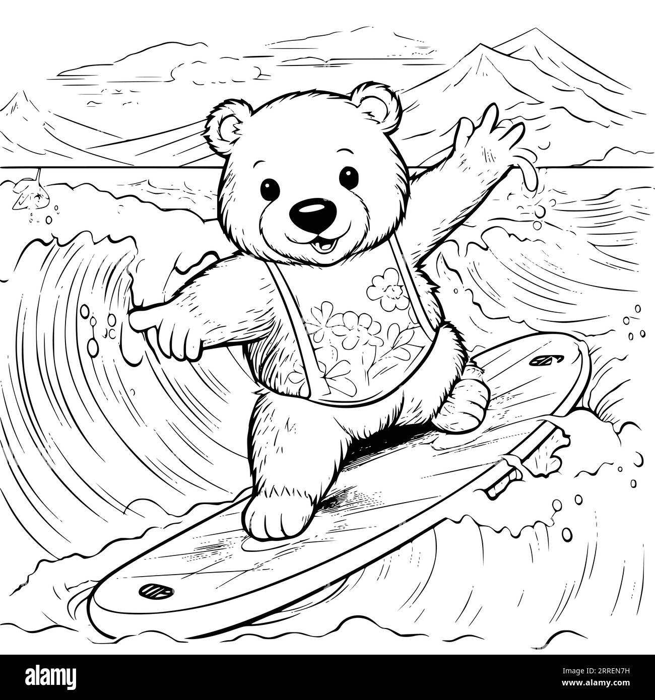 Bear Surfing Coloring Page Drawing For Kids Stock Vector