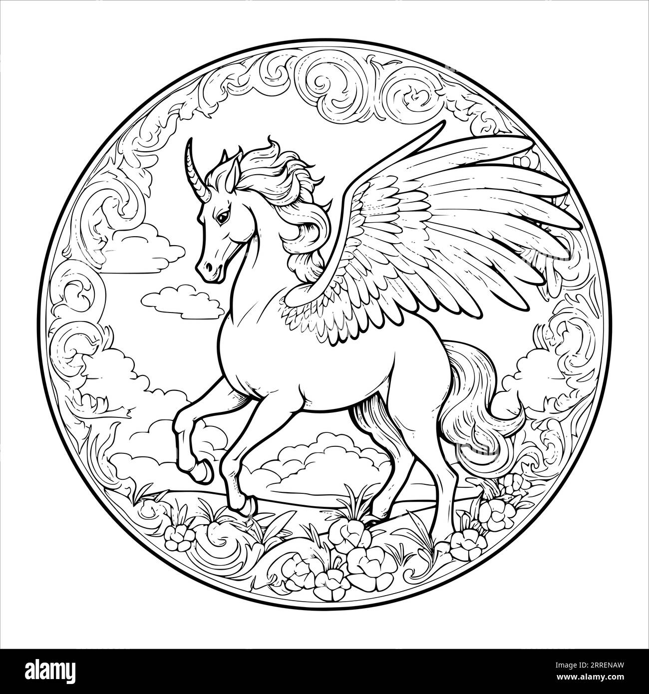 Beautiful Unicorn Pegasus Coloring Pages For Kids Stock Vector