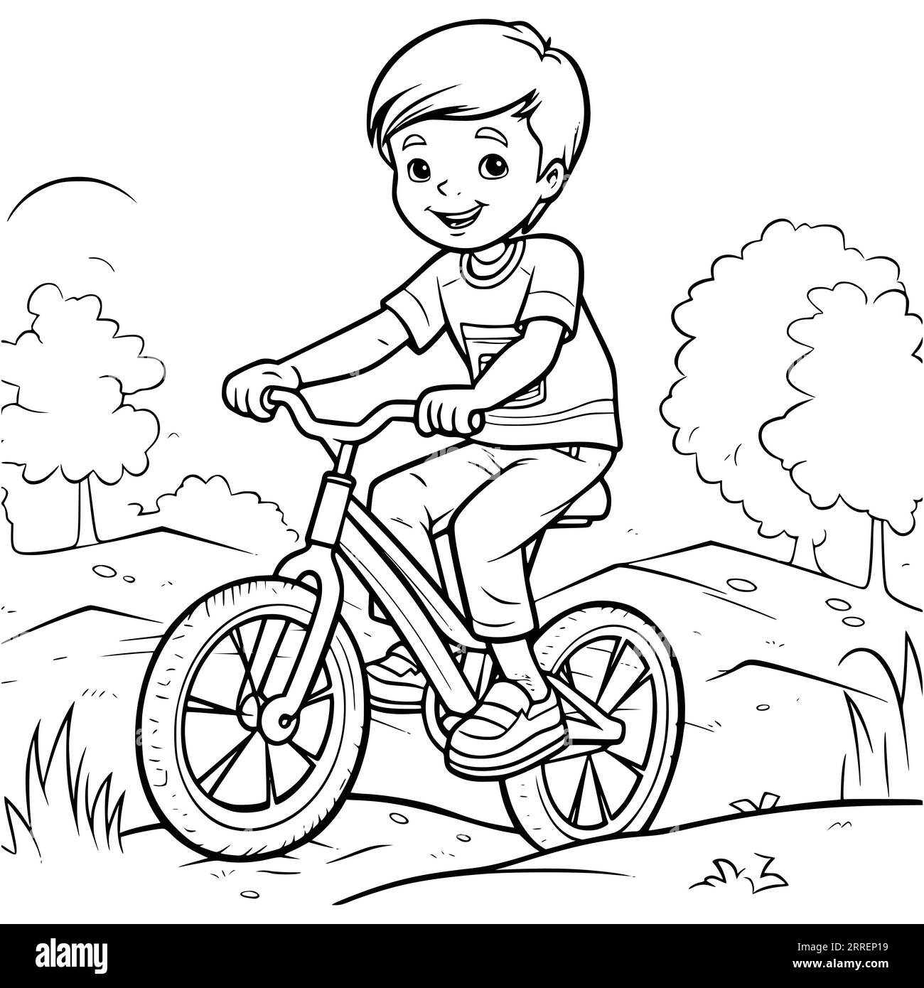 Boy Riding Bicycle Coloring Page for Kids Stock Vector