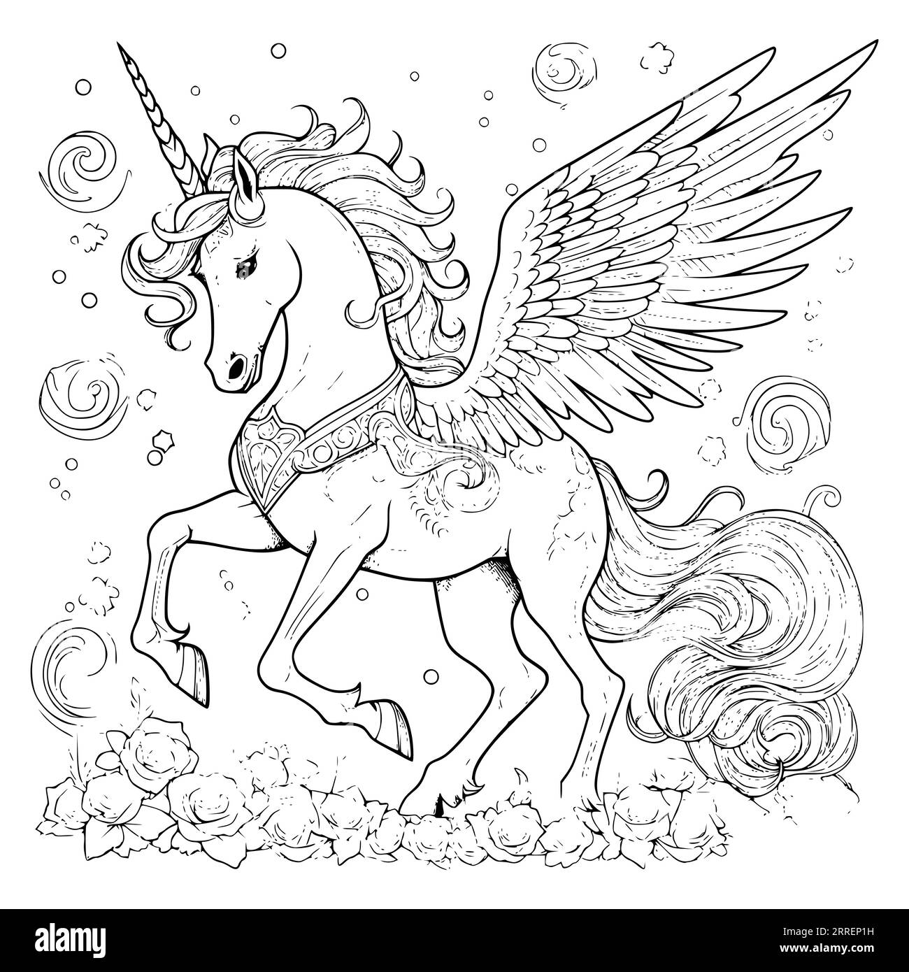 Beautiful Unicorn Pegasus Coloring Pages For Kids Stock Vector
