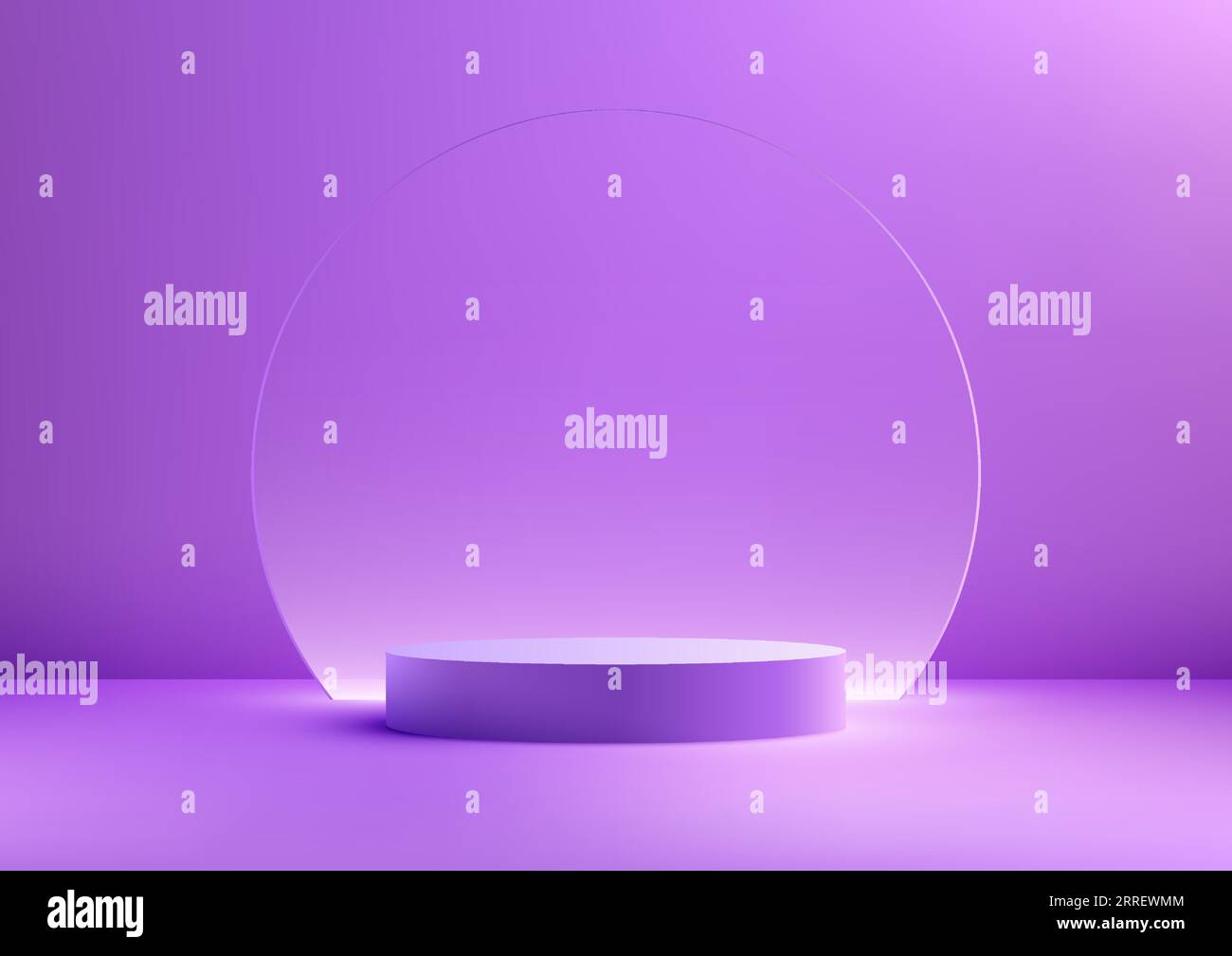 3D of a purple podium with a circle transparent glass backdrop is perfect for showcasing products. The podium is modern and stylish, and the backgroun Stock Vector