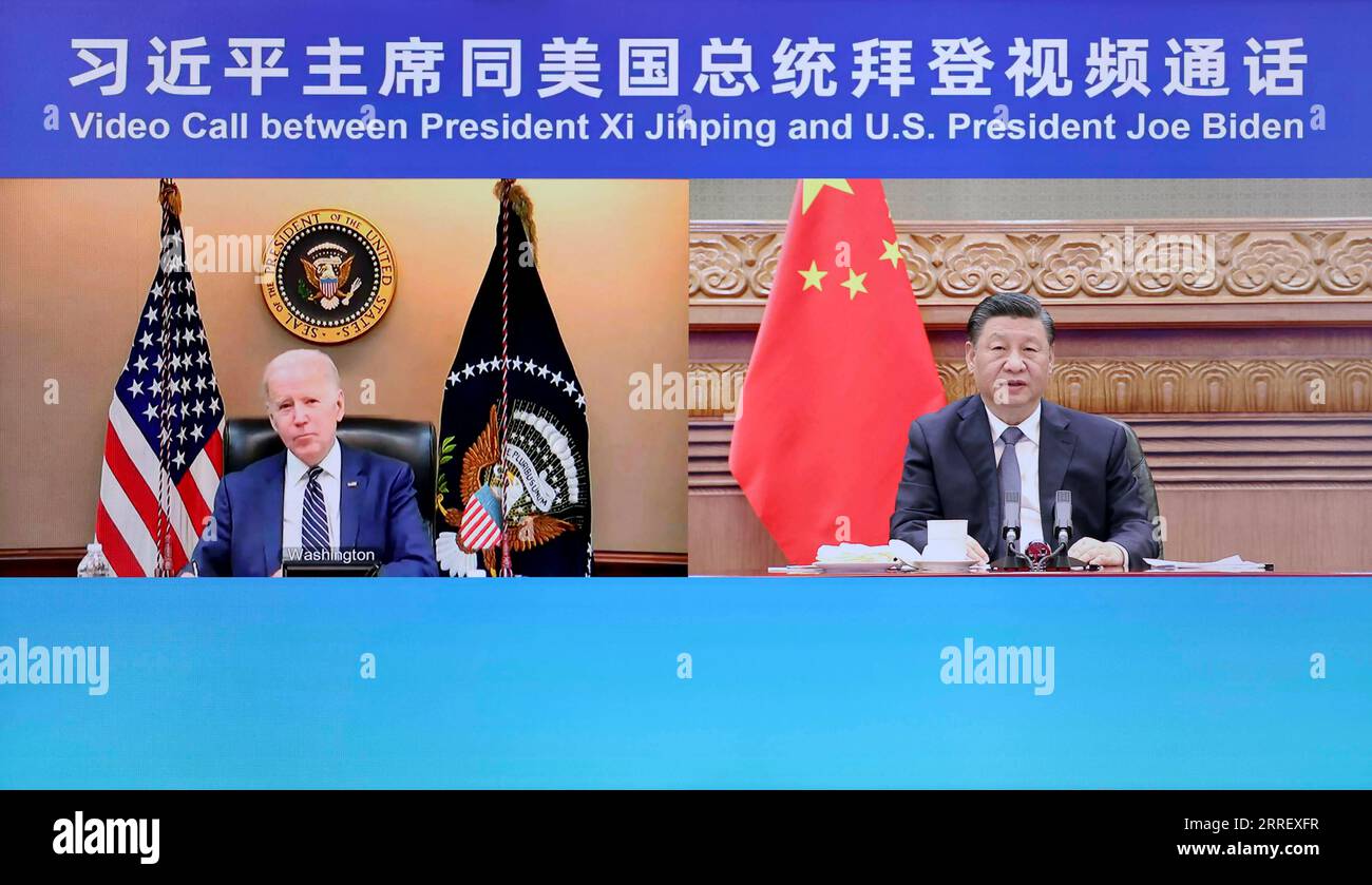 220318 -- BEIJING, March 18, 2022 -- Chinese President Xi Jinping has a video call with U.S. President Joe Biden at the latter s request in Beijing, capital of China, March 18, 2022.  CHINA-BEIJING-XI JINPING-US-JOE BIDEN-VIDEO CALL CN LiuxBin PUBLICATIONxNOTxINxCHN Stock Photo