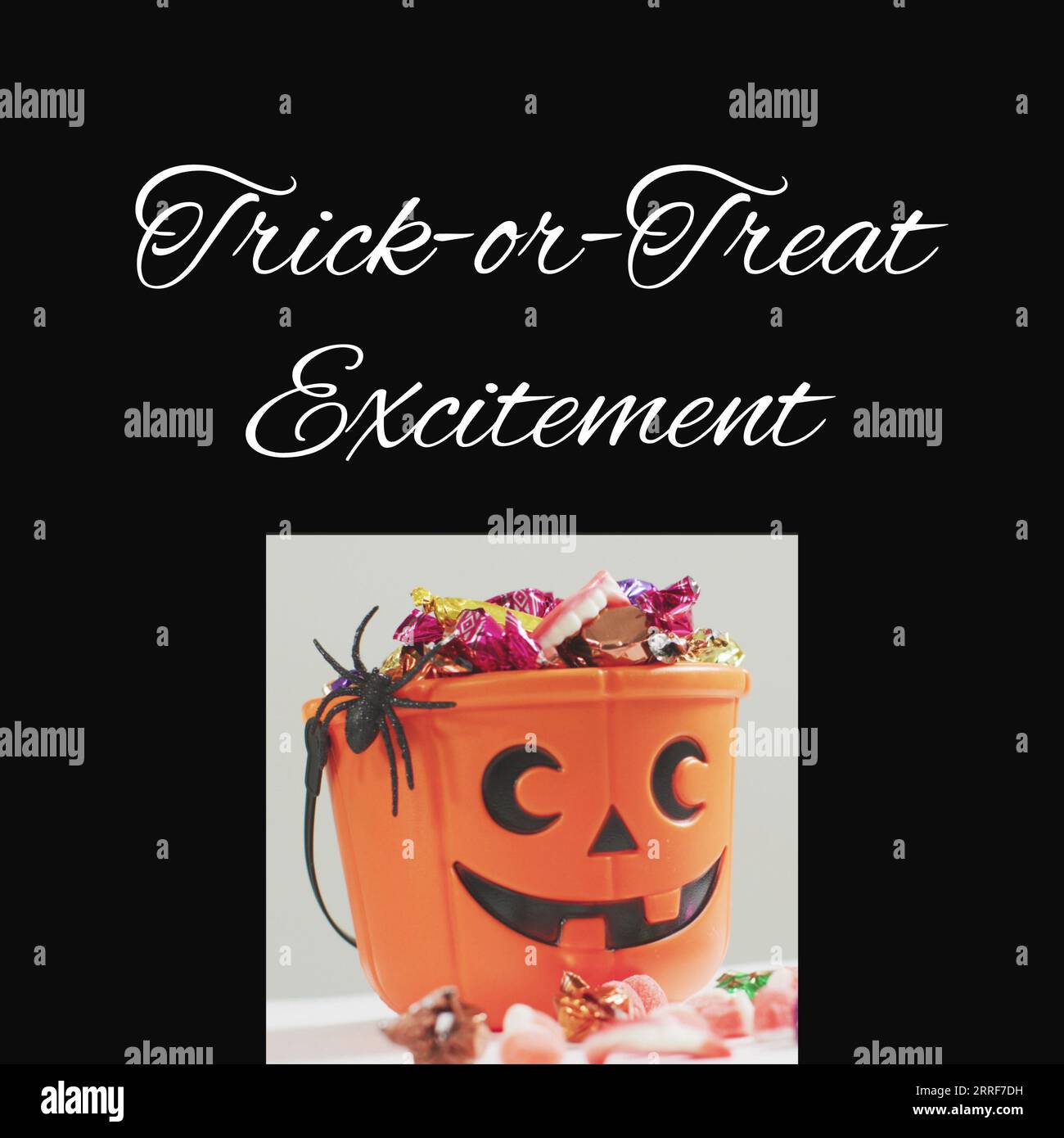 Composite of trick or treat excitement text and halloween pumpkin on black background Stock Photo