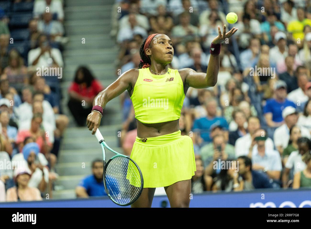 Coco Gauff of USA serves during semifinal round against Karolina Muchova of Czechia at the US