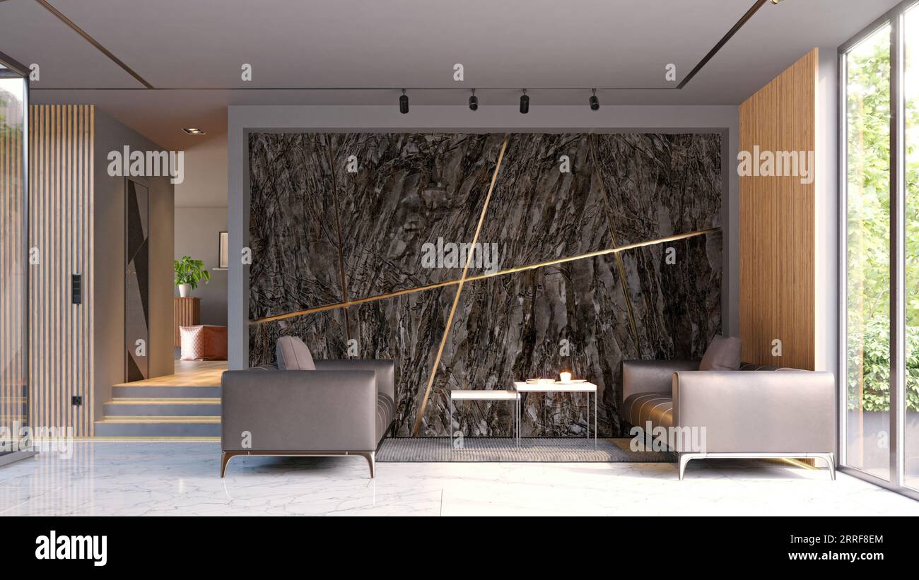 modern dark living interior with rock feature. 3d rendering Stock Photo ...