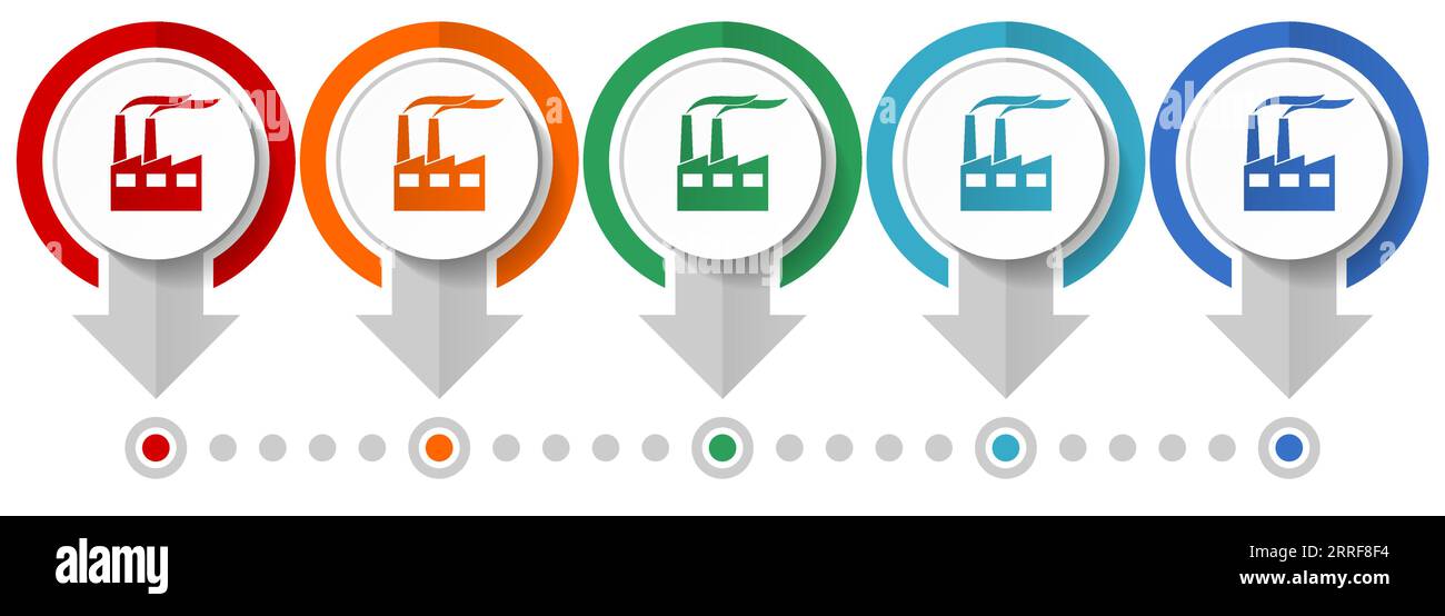 Factory, industrial building, plant, pollution vector icon set, flat ...