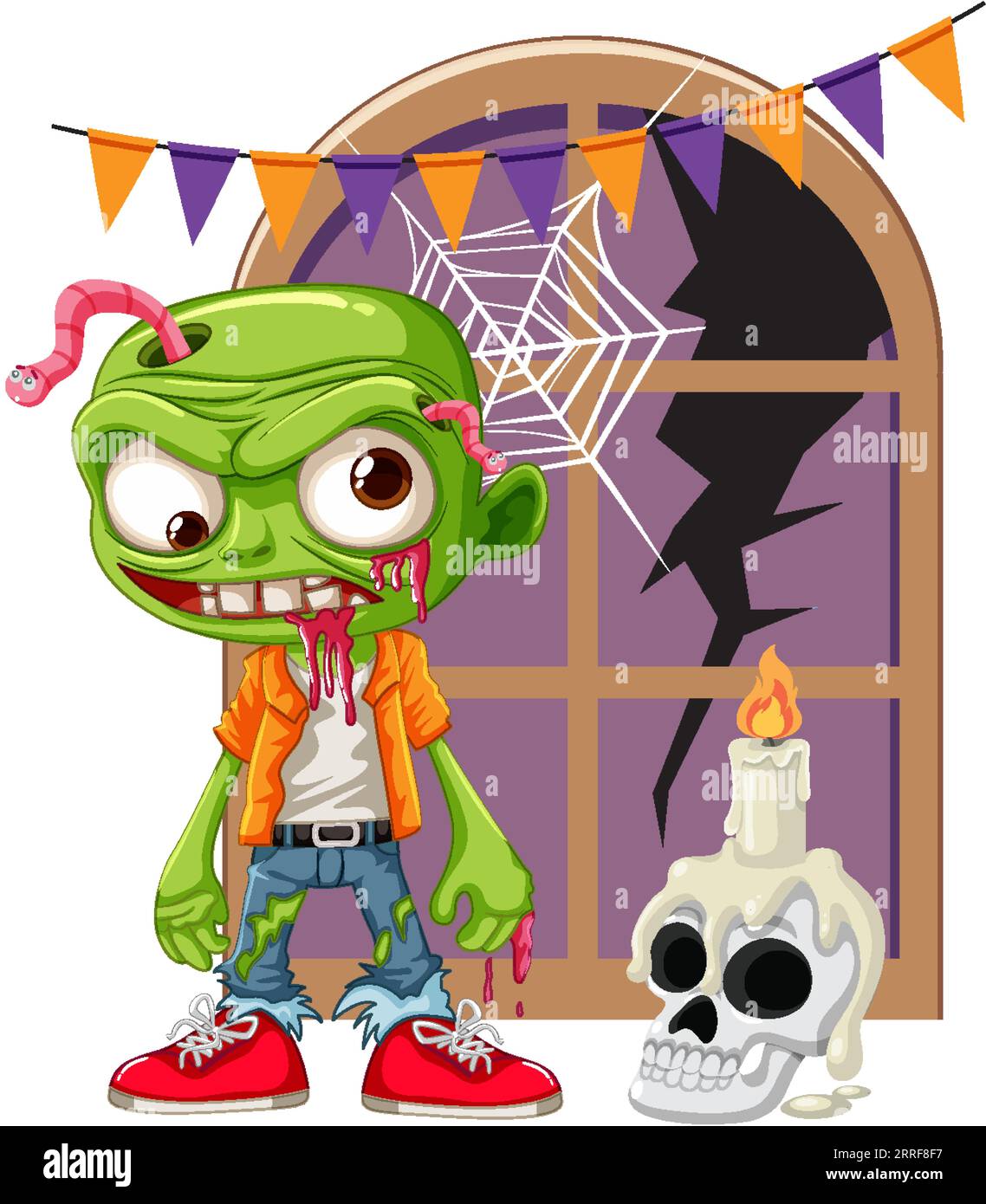 A spooky zombie stands in front of a broken window adorned with Halloween decorations Stock Vector