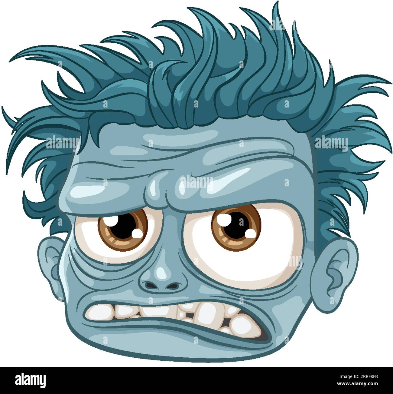 An old, grumpy zombie with blue skin in a cartoon illustration Stock