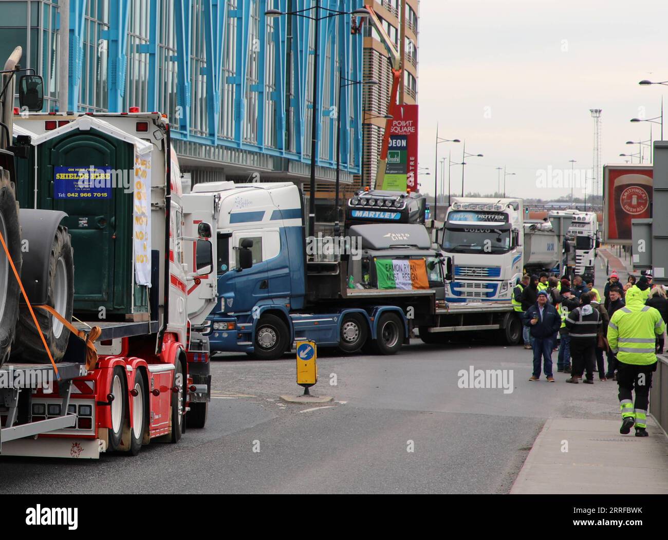 220411 -- DUBLIN, April 11, 2022 -- Trucks are seen on a road during a protest in Dublin, Ireland, on April 11, 2022. Dozens of trucks blocked the roads leading to Dublin Port in the eastern part of the Irish capital on Monday in a protest against soaring fuel prices, causing serious disruptions to businesses and public life in the surrounding areas. Photo by /Xinhua IRELAND-DUBLIN-FUEL PRICES-PROTEST LiuxXiaoming PUBLICATIONxNOTxINxCHN Stock Photo
