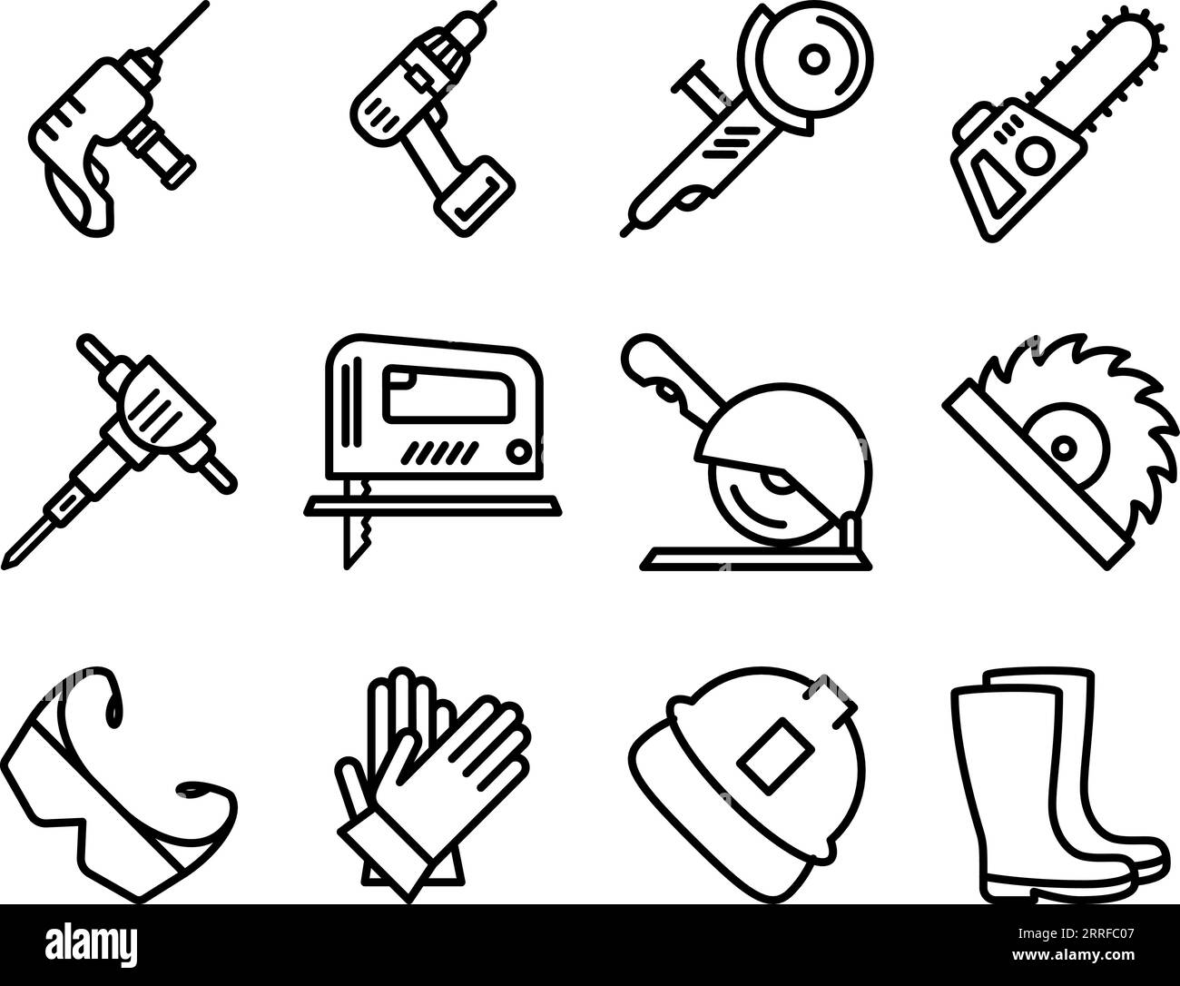 Set of power tool and safety equipment line icons as an editable