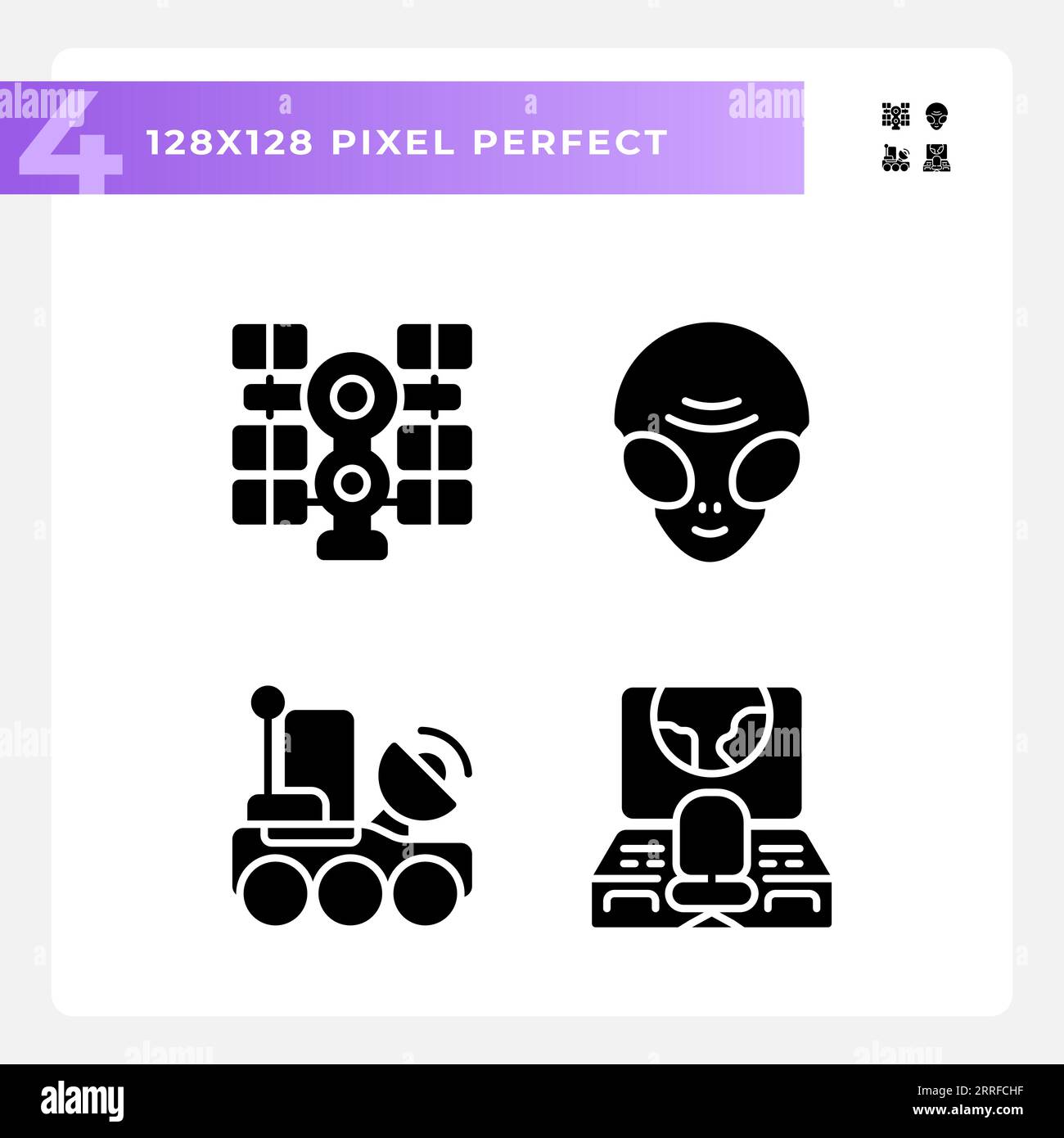 Sci fi pixel perfect black glyph icons set on white space Stock Vector