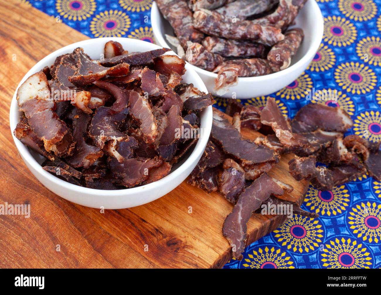 South African Traditional Biltong And Dry Wors On Blue Traditional Printed Cloth Stock Photo Alamy