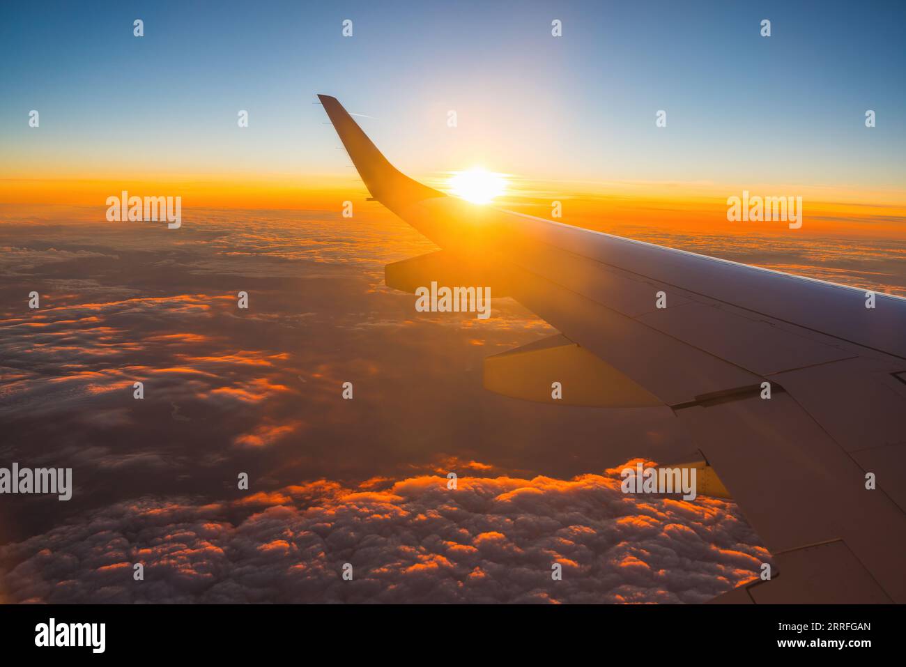 Airplane flight in sunset sky over earth of city light and wing of plane. View from the window of the Aircraft. Traveling in air. Stock Photo