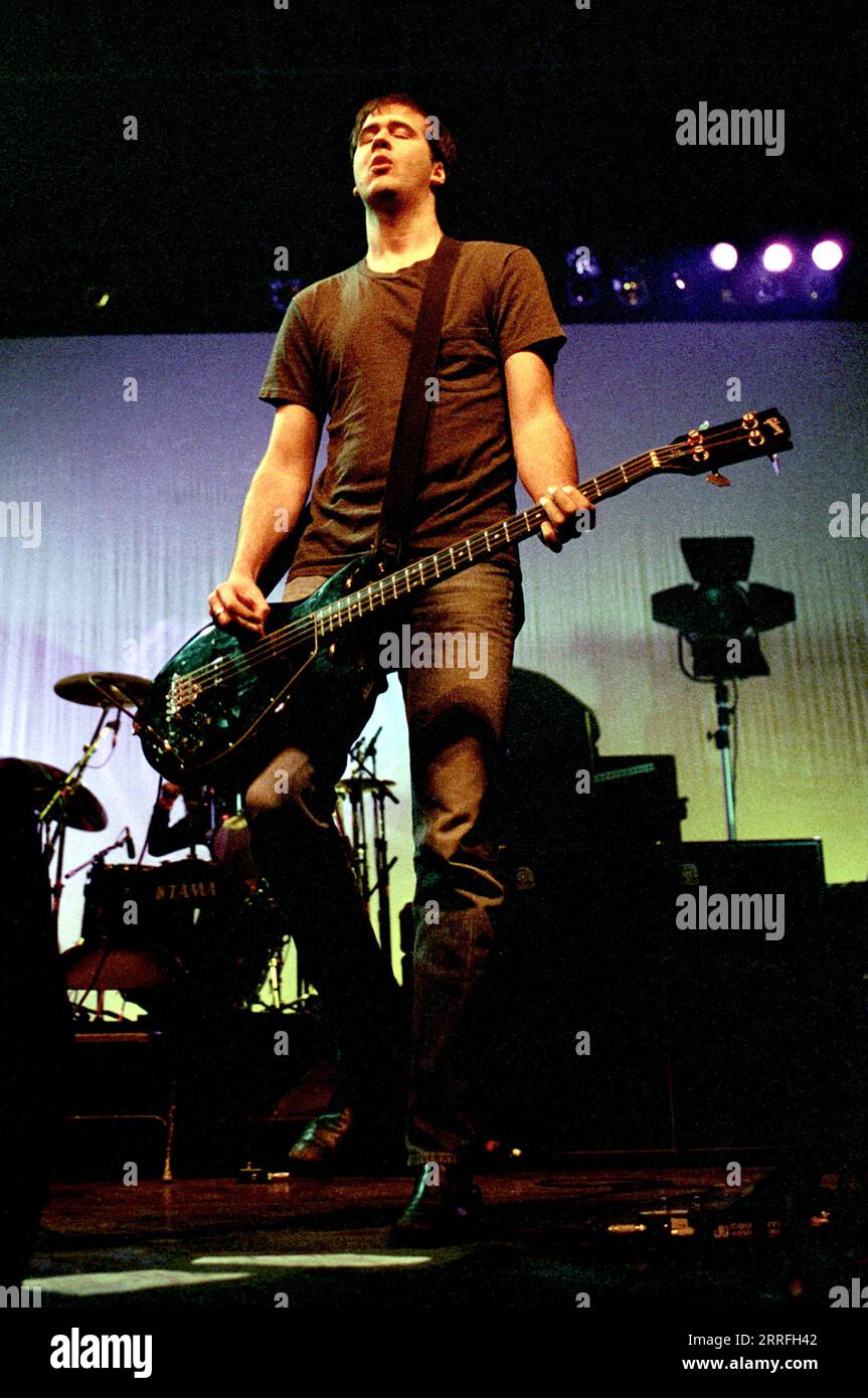 Milan Italy, 25 February 1994,  live concert of Nirvana at the Palatrussardi : The bassit of Nirvana, Krist Novoselic , during the concert Stock Photo