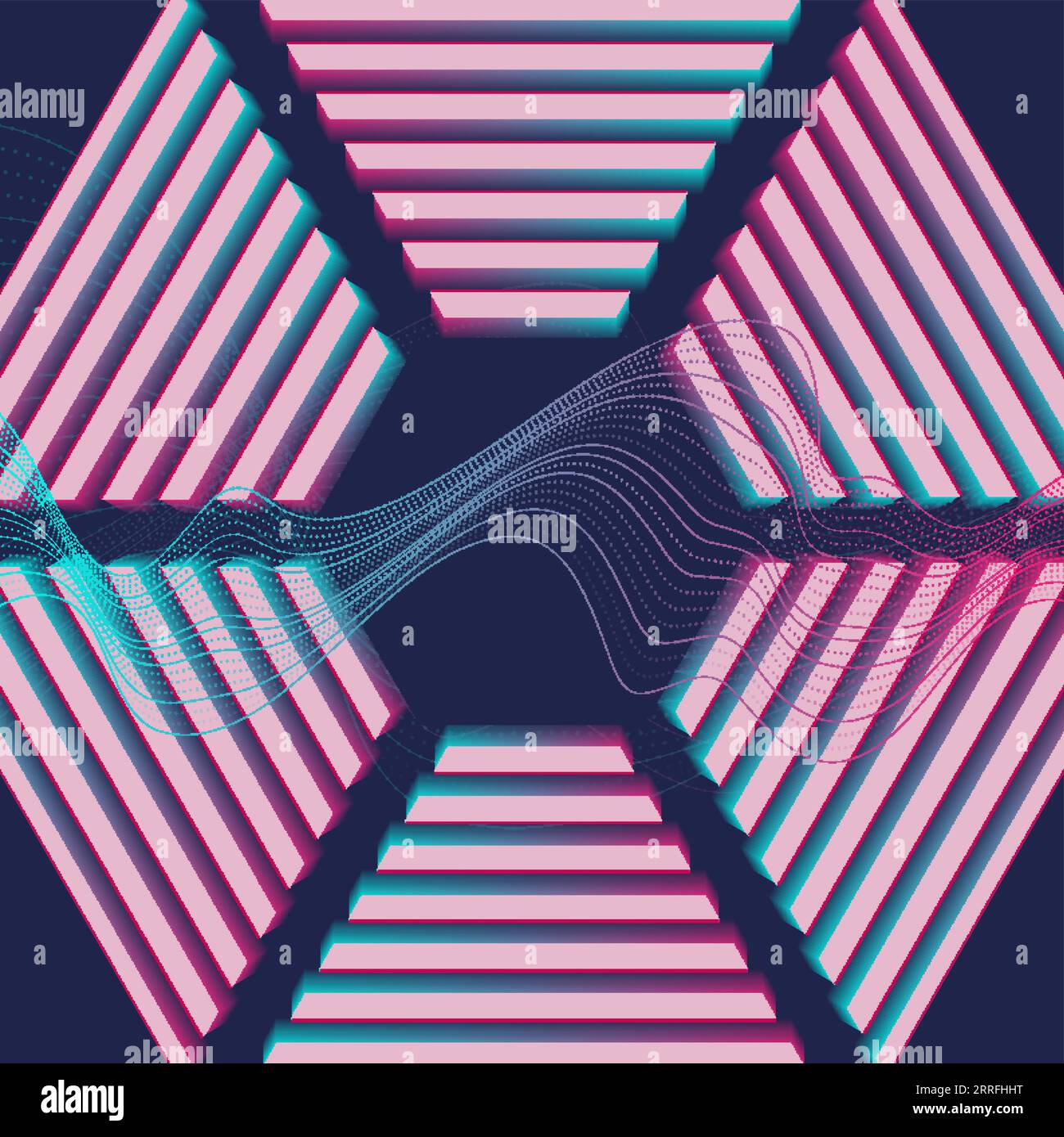Abstract retro background with dotted lines waves and linear hexagon. Vector geometric tech poster design template Stock Vector