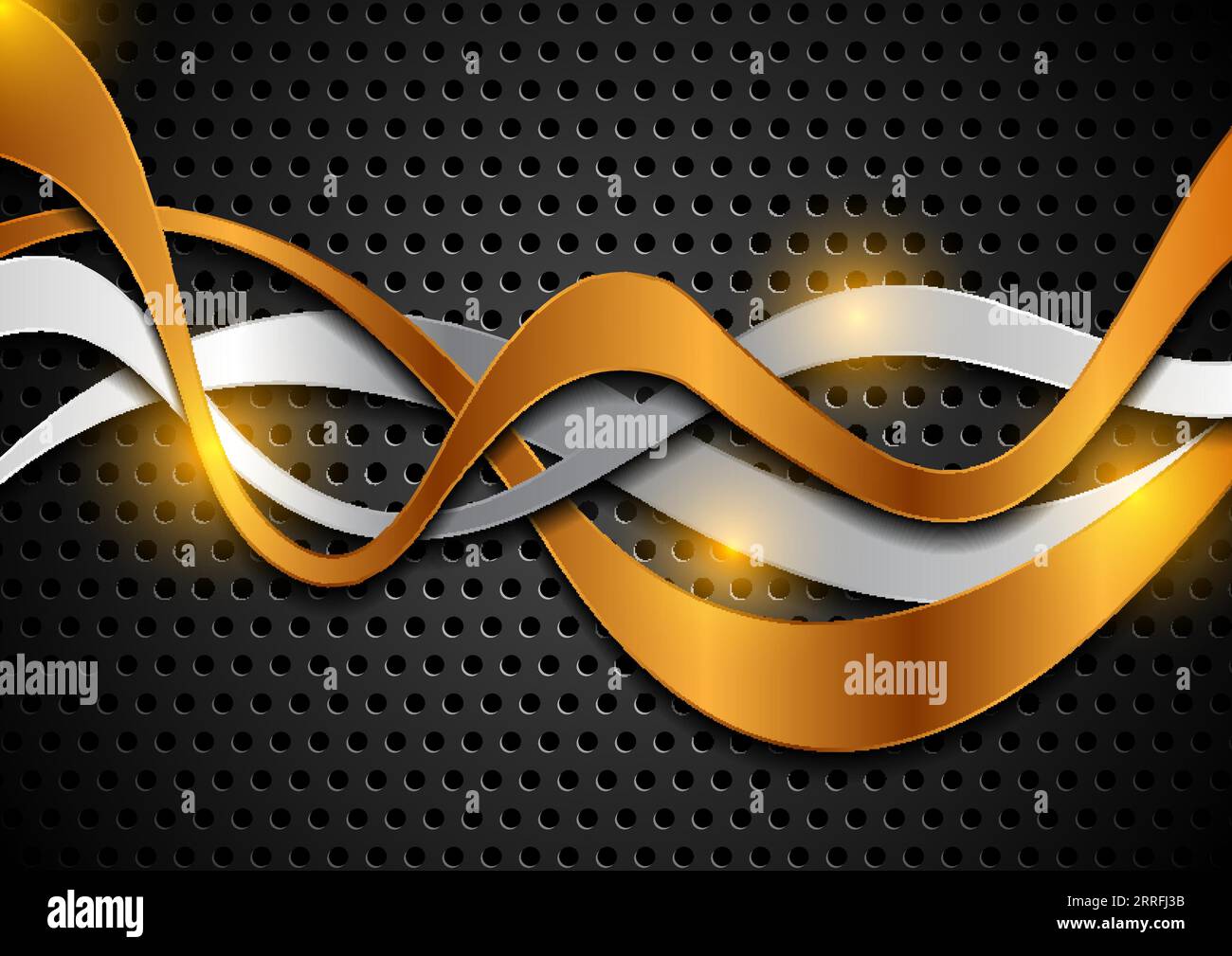 Technology abstract background with silver and bronze shiny waves. Black perforated backdrop. Vector illustration Stock Vector