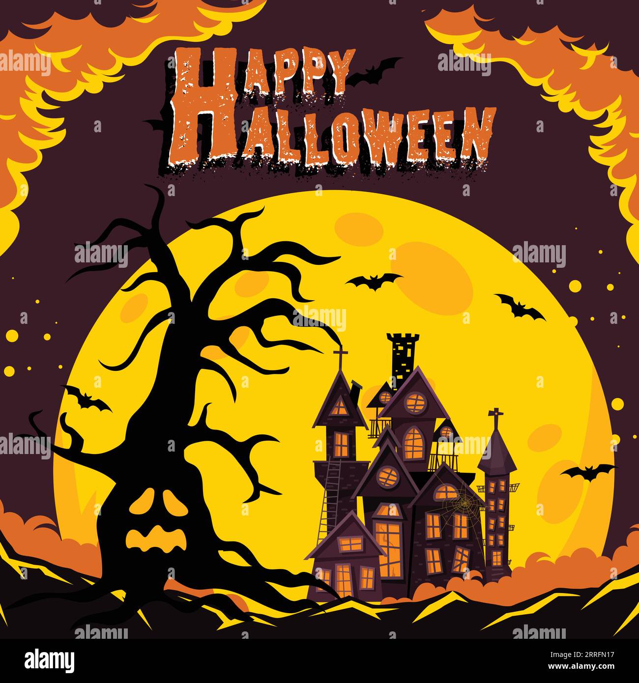 Halloween background with pumpkin, spider web and bats. Vector ...