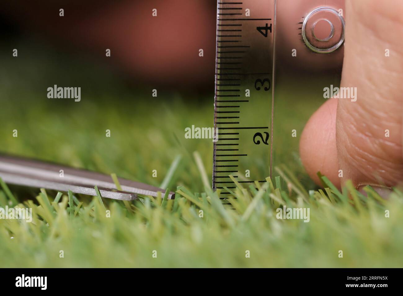 Closeup Of A Man Using Measuring Scale While Cutting Grass With