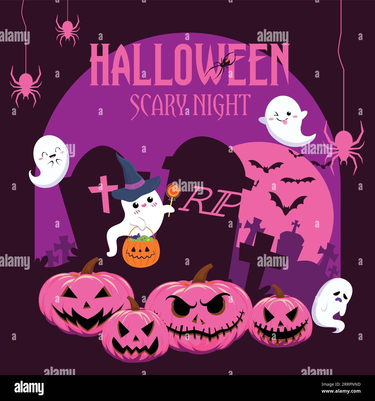 Halloween background with pumpkin, spider web and bats. Vector ...