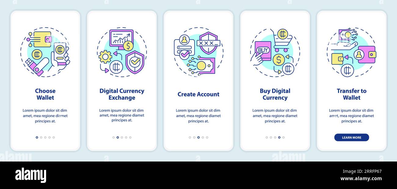 Walkthrough digital currency with thin linear icons concept Stock Vector