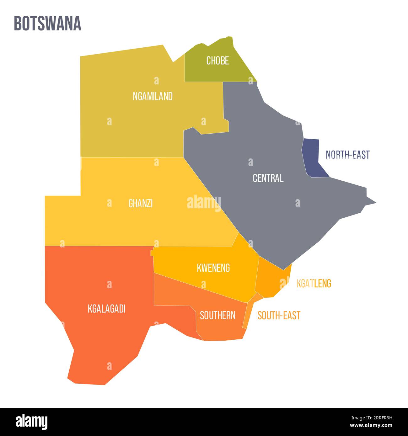 Botswana political map of administrative divisions rural and urban districts. Colorful
