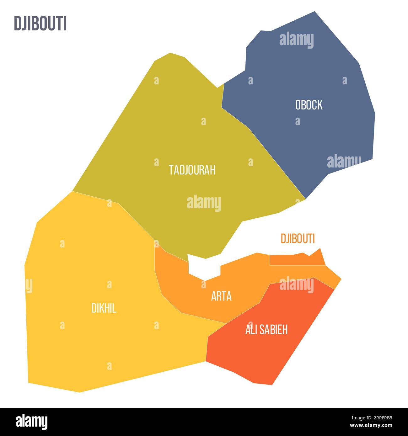 Djibouti political map of administrative divisions - regions. Colorful spectrum political map with labels and country name. Stock Vector