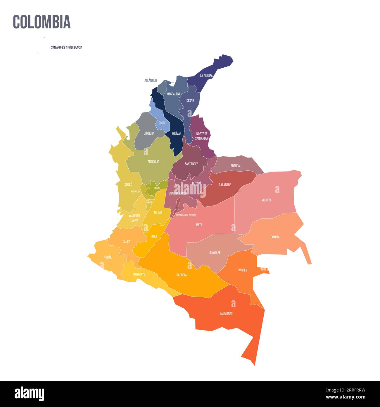 Colombia political map of administrative divisions - departments and capital district. Colorful spectrum political map with labels and country name. Stock Vector