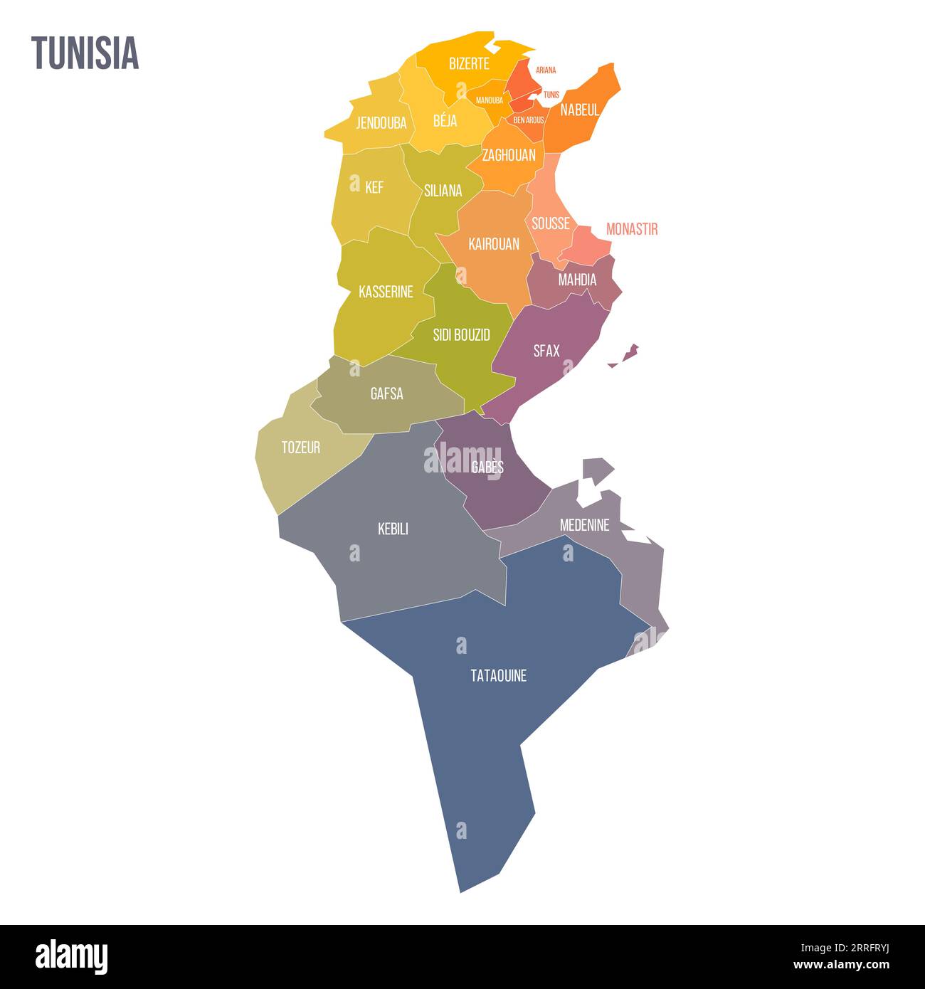 Tunisia political map of administrative divisions governorates. Colorful spectrum political