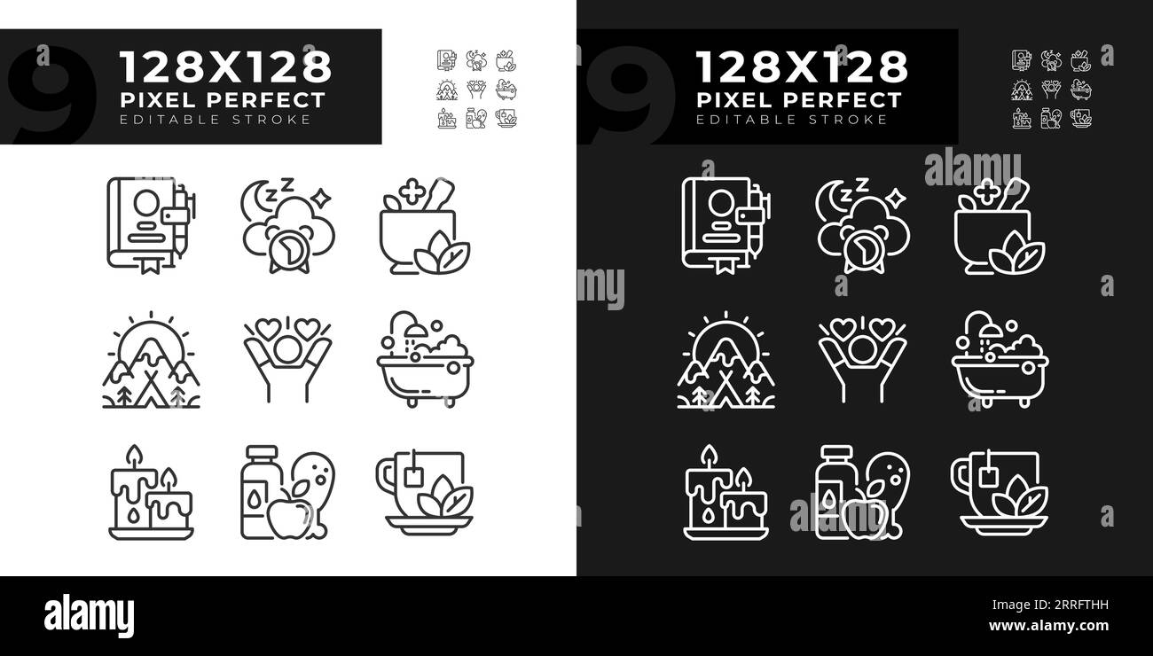 Set of editable pixel perfect light and dark meditation icons Stock Vector