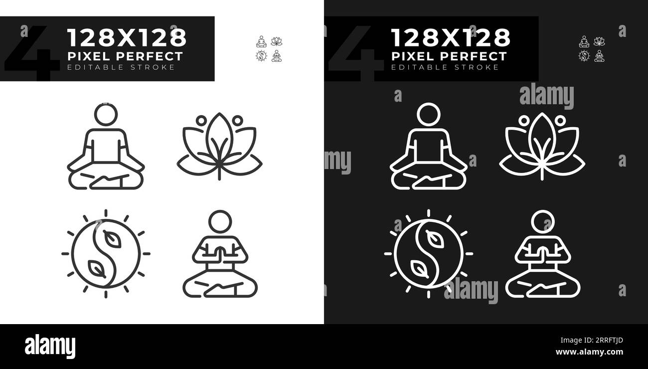 Pixel perfect light and dark meditation icons set Stock Vector