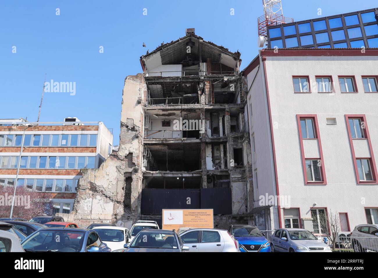 220426 -- BEIJING, April 26, 2022 -- The bombed Radio Television Serbia RTS building is seen in Belgrade, Serbia, March 21, 2022. In Belgrade, there are many scars left by the NATO bombings.  Xinhua Headlines: Uncovering untold secrets of NATO -- a monstrous remnant from Cold War days ZhengxHuansong PUBLICATIONxNOTxINxCHN Stock Photo