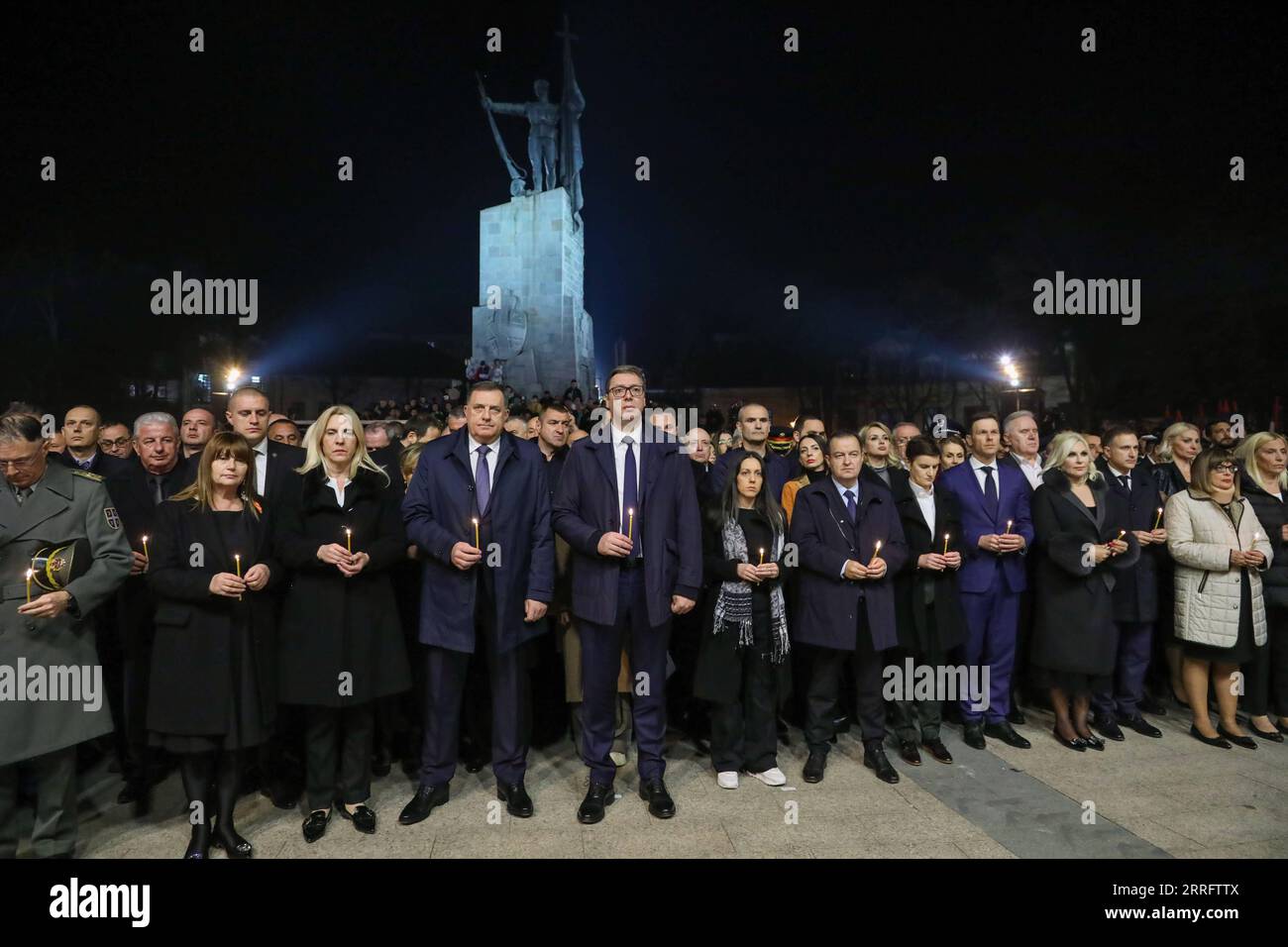 220426 -- BEIJING, April 26, 2022 -- Serbian President Aleksandar Vucic C attends the ceremony of the Remembrance Day for the Victims of the NATO Aggression, in Kraljevo, Serbia, March 24, 2022.  Xinhua Headlines: Uncovering untold secrets of NATO -- a monstrous remnant from Cold War days ShixZhongyu PUBLICATIONxNOTxINxCHN Stock Photo