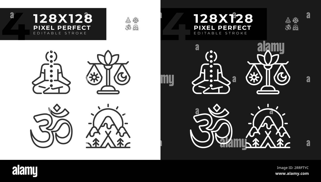 Pixel perfect light and dark meditation linear icons set Stock Vector
