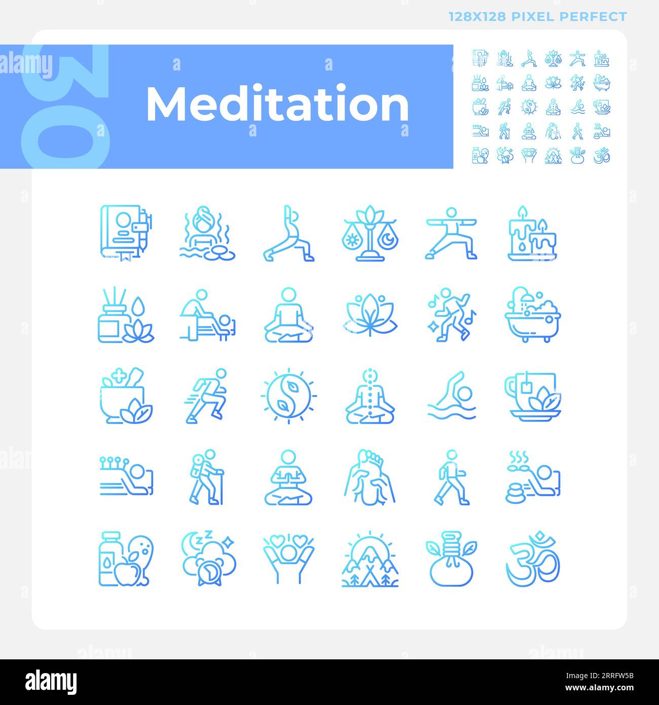 2D pixel perfect gradient meditation icons set Stock Vector