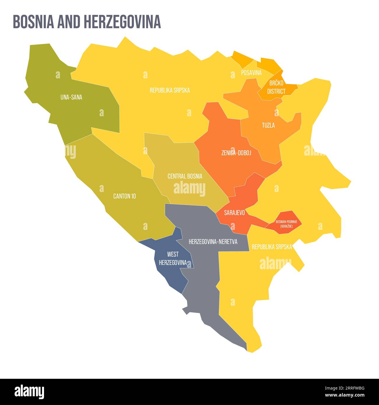 Bosnia and Herzegovina political map of administrative divisions - cantons of Federation of Bosnia and Herzegovina and Republika Srpska. Colorful spectrum political map with labels and country name. Stock Vector