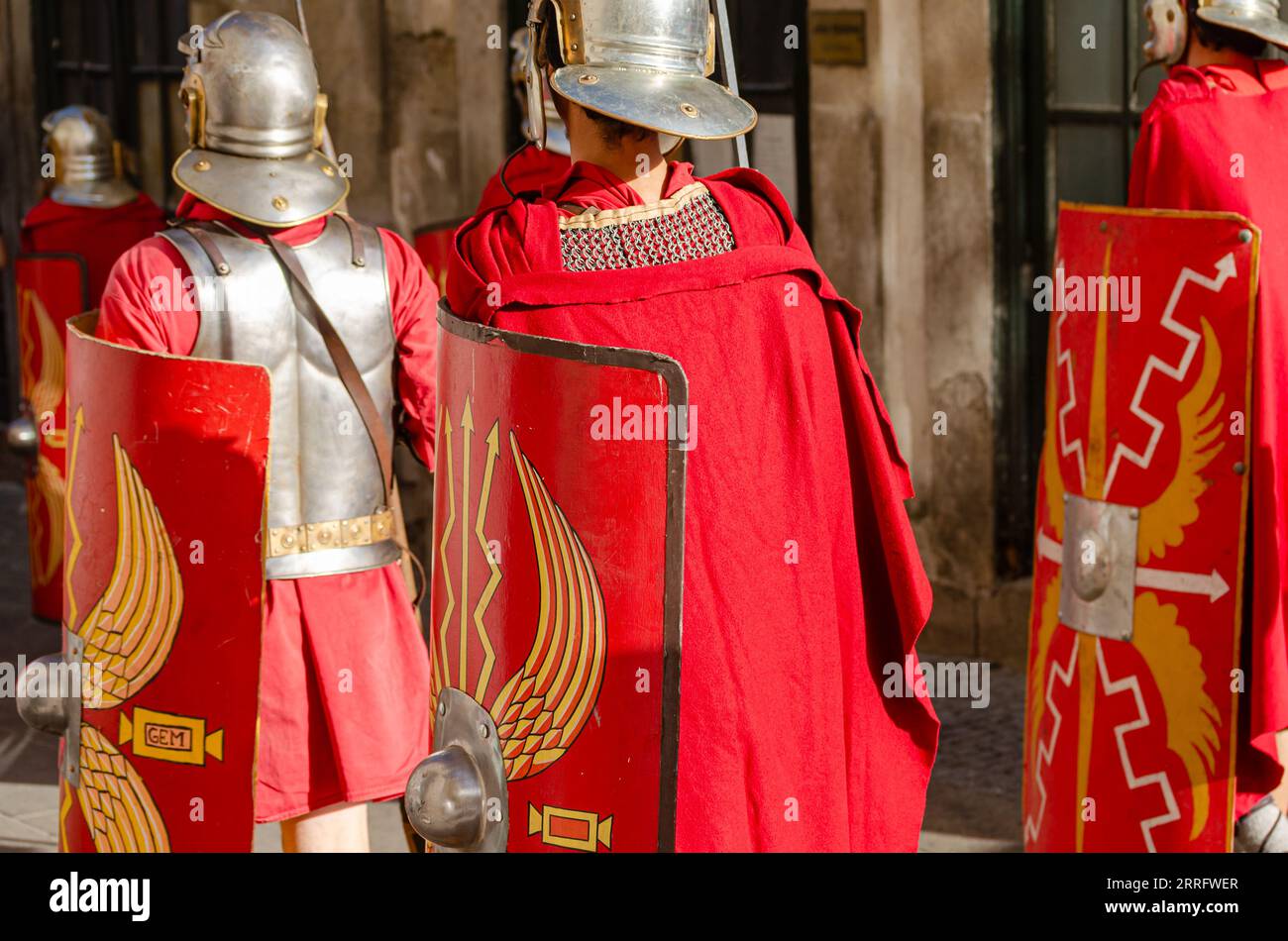 Men equipped as a Roman legionary, at a historical reenactment party