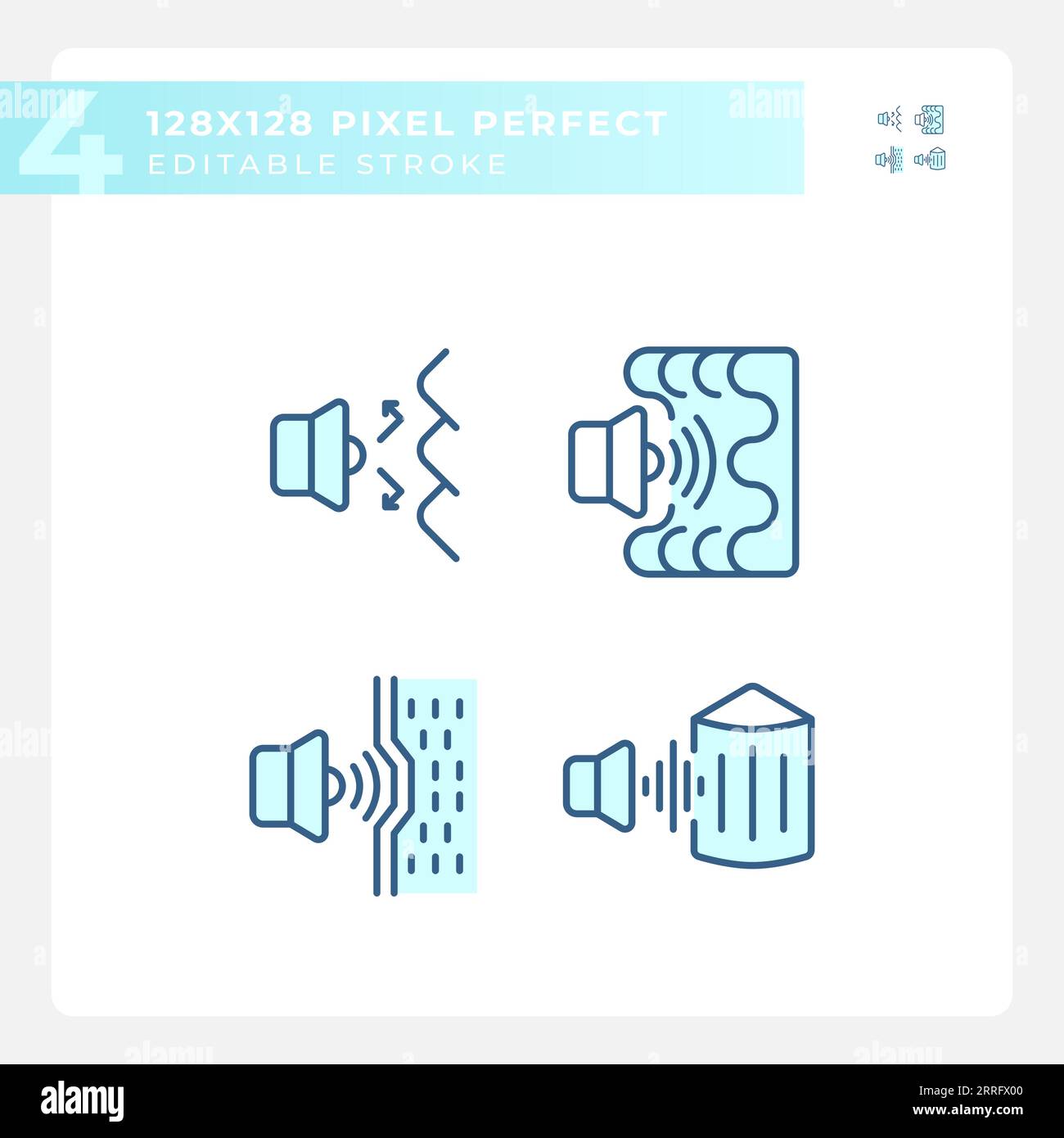 Editable pixel perfect blue soundproofing line icons Stock Vector
