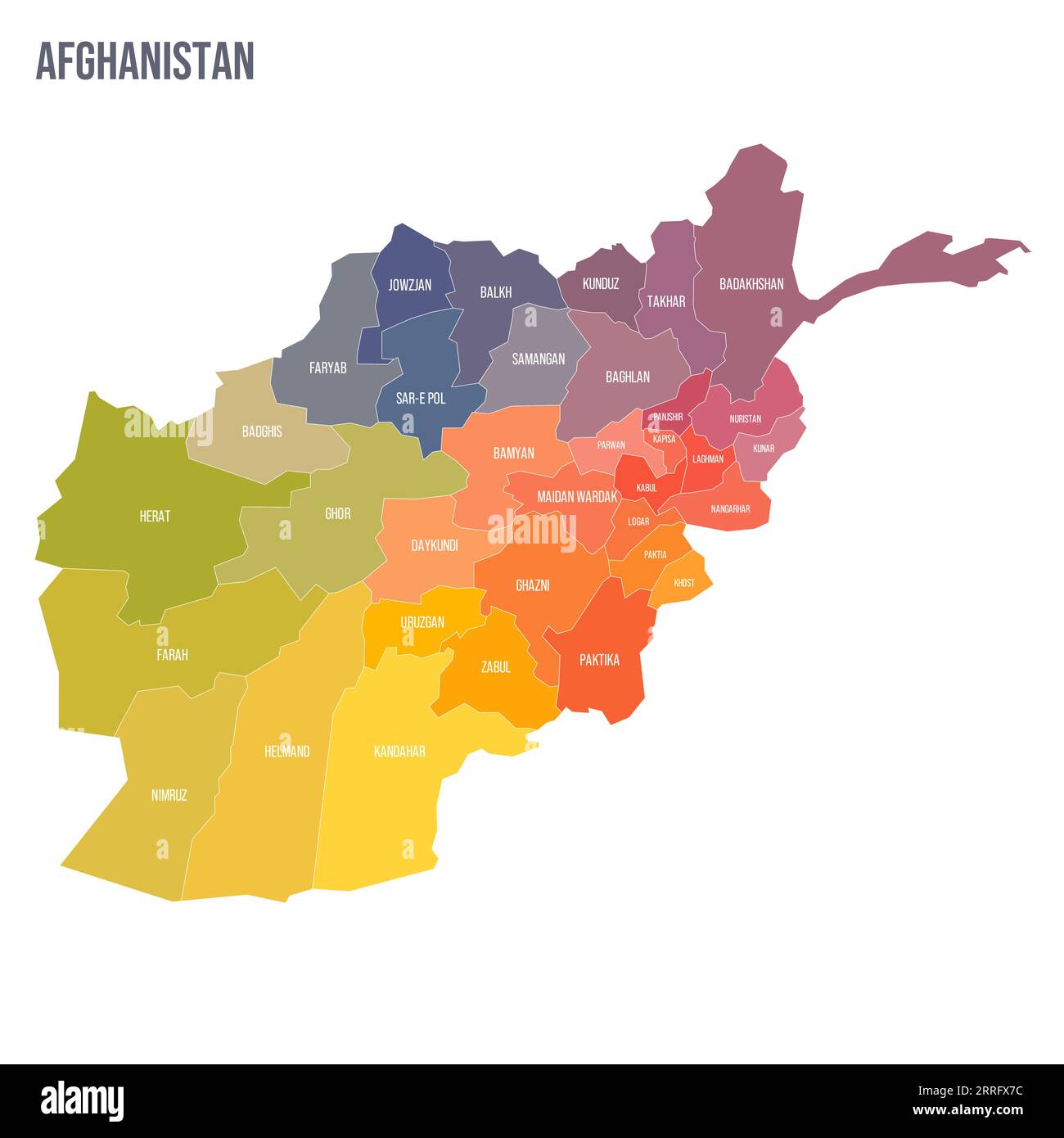 Afghanistan political map of administrative divisions - provinces. Colorful spectrum political map with labels and country name. Stock Vector