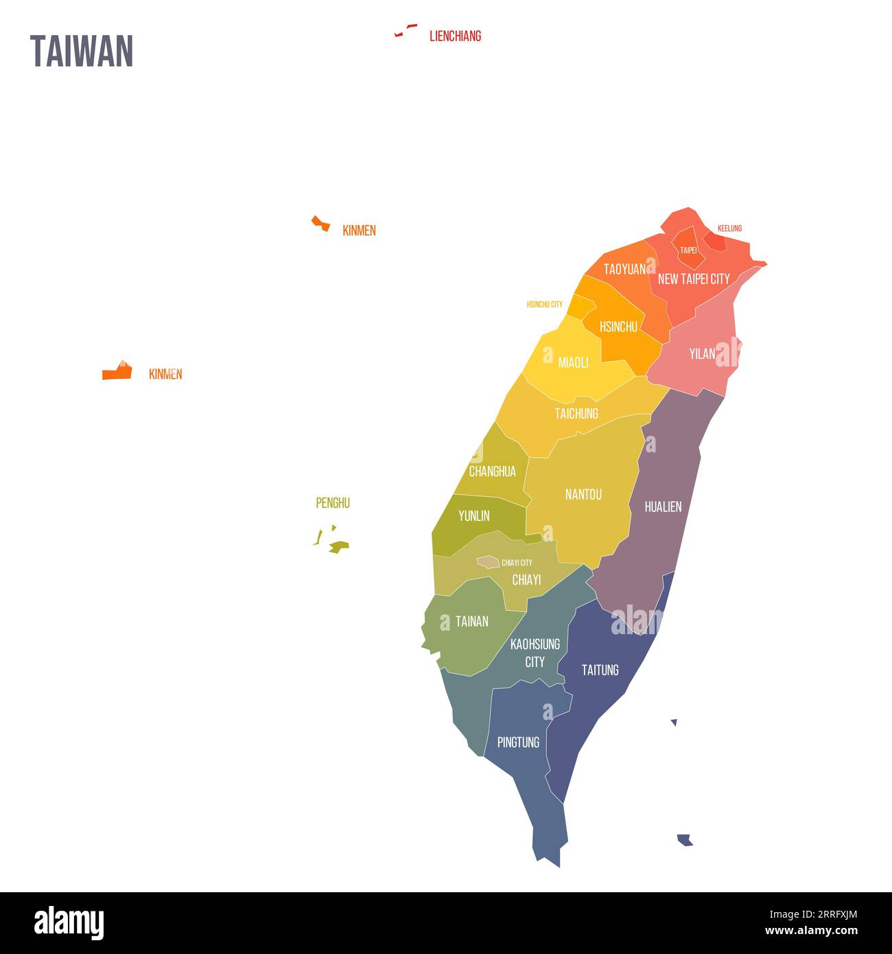 Taiwan political map of administrative divisions - provinces and special municipalities. Colorful spectrum political map with labels and country name. Stock Vector