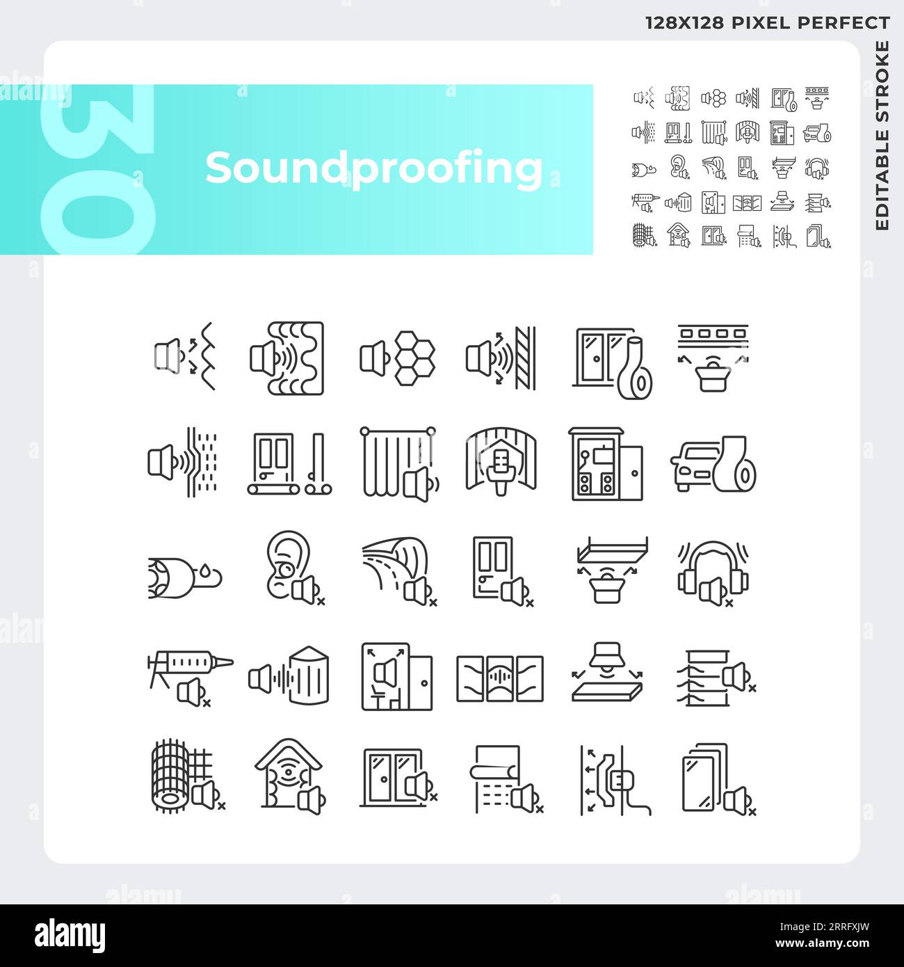 Editable pixel perfect black soundproofing icons collection Stock Vector