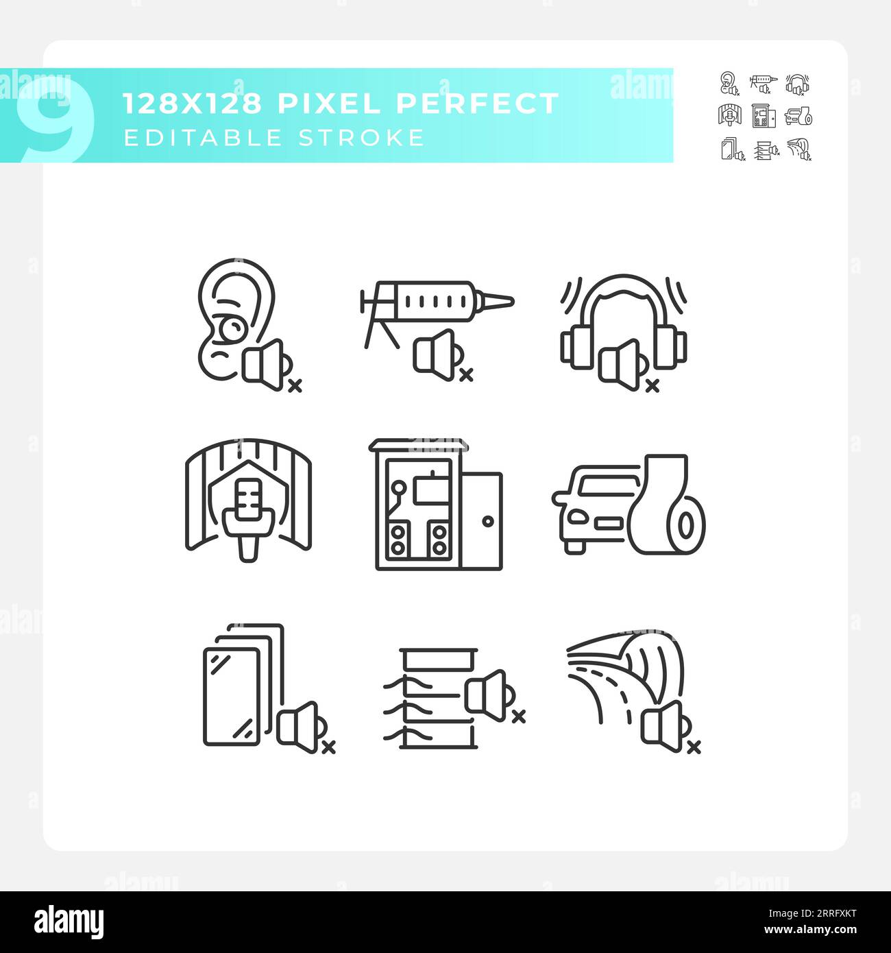 Editable pixel perfect black soundproofing line icons Stock Vector