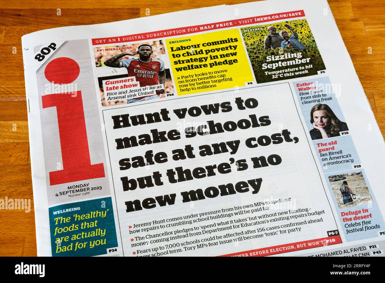 4 September 2023.  Headline in i newspaper is Hunt vows to make schools safe at any cost, but there's no new money. Stock Photo