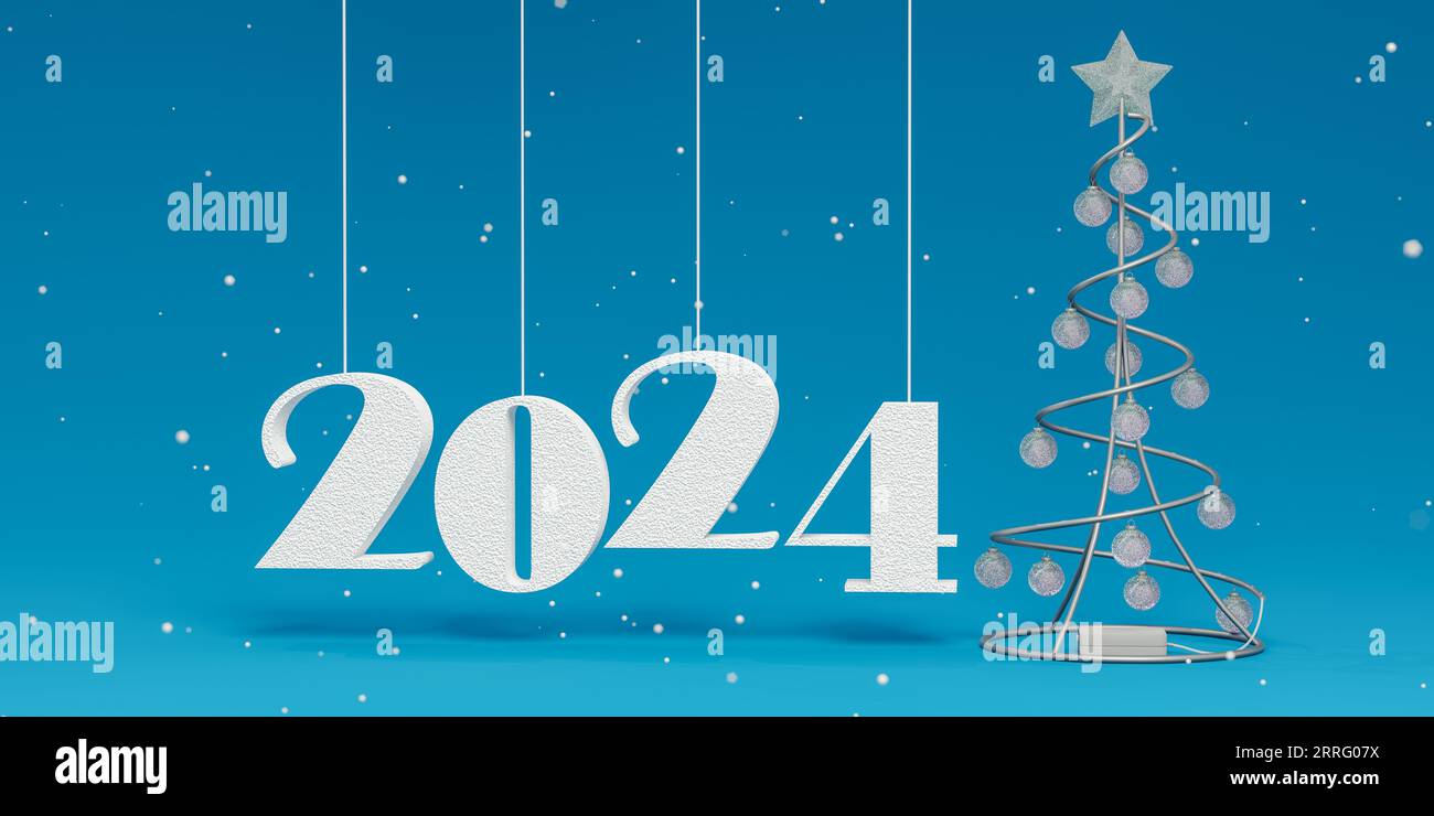 2024 Christmas tree. Elegant Christmas tree, 2024 numbers and snow on