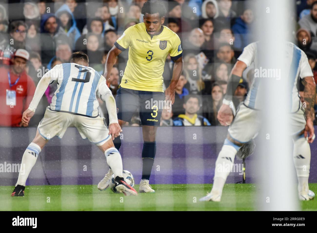 Buenos Aires, Argentina. 07th Sep, 2023. Jose Andres Hurtado of Ecuador national team and Nicolas Tagliafico of Argentina national team during the FIFA 2024 World Cup qualifying round match between Argentina and Ecuador played at Monumental Stadium on September 7 in Buenos Aires. (Photo by Santiago Joel Abdala/PRESSINPHOTO) Credit: PRESSINPHOTO SPORTS AGENCY/Alamy Live News Stock Photo