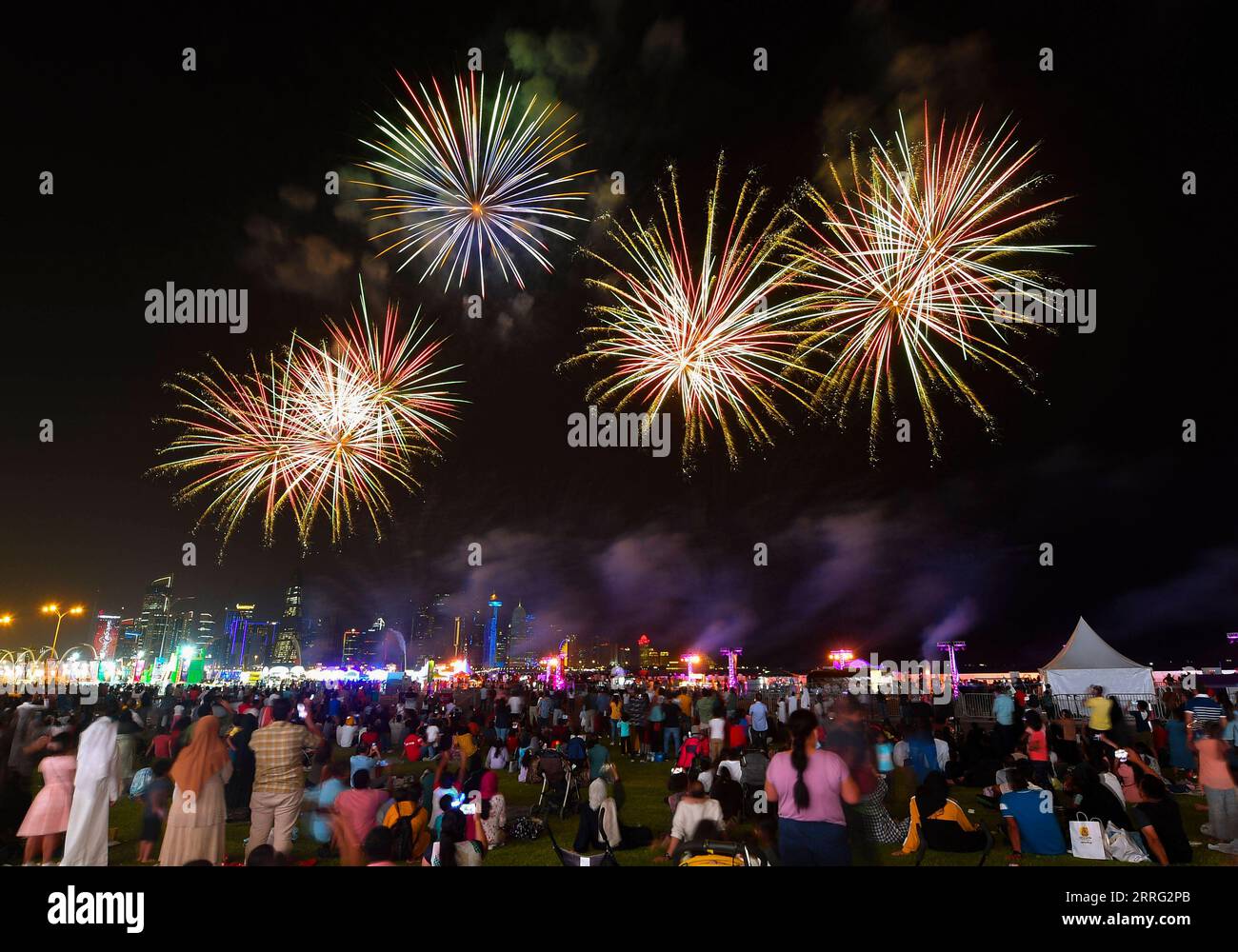 220504 -- DOHA, May 4, 2022 -- Fireworks explode in the sky to